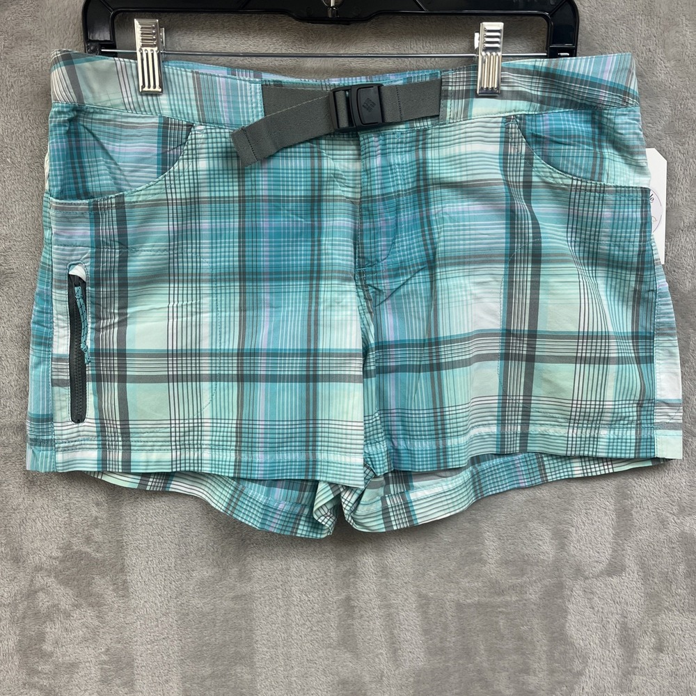 Columbia Shorts Women's 10 Blue Plaid Nylon Belted Outdoor Hiking Performance 3"